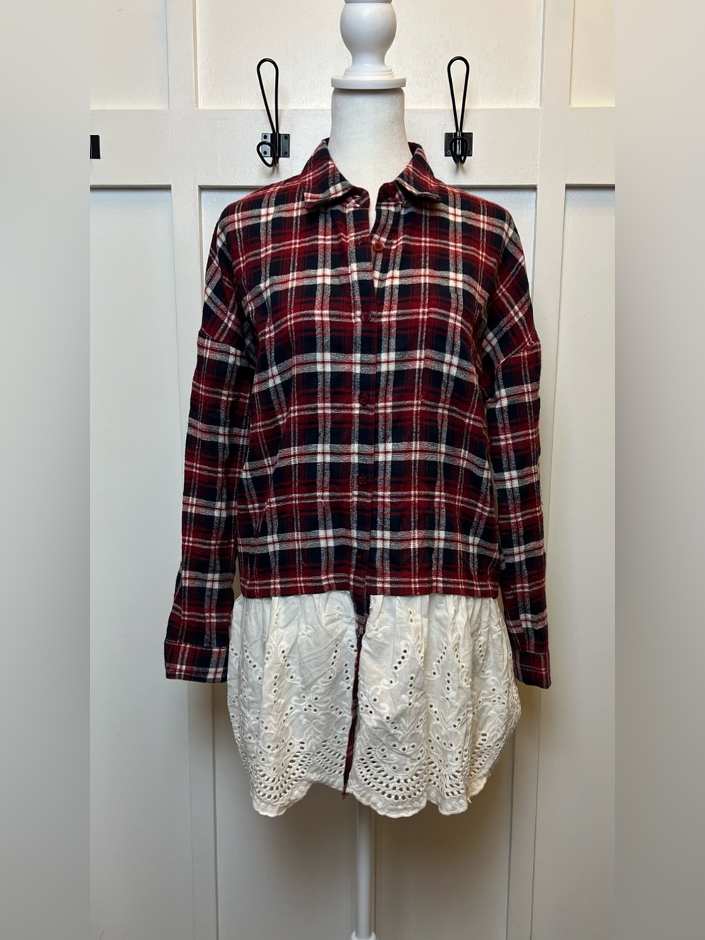 Altar'd State Size Small Oversized Flannel Button Up Shirt With Eyelet Lace NWT